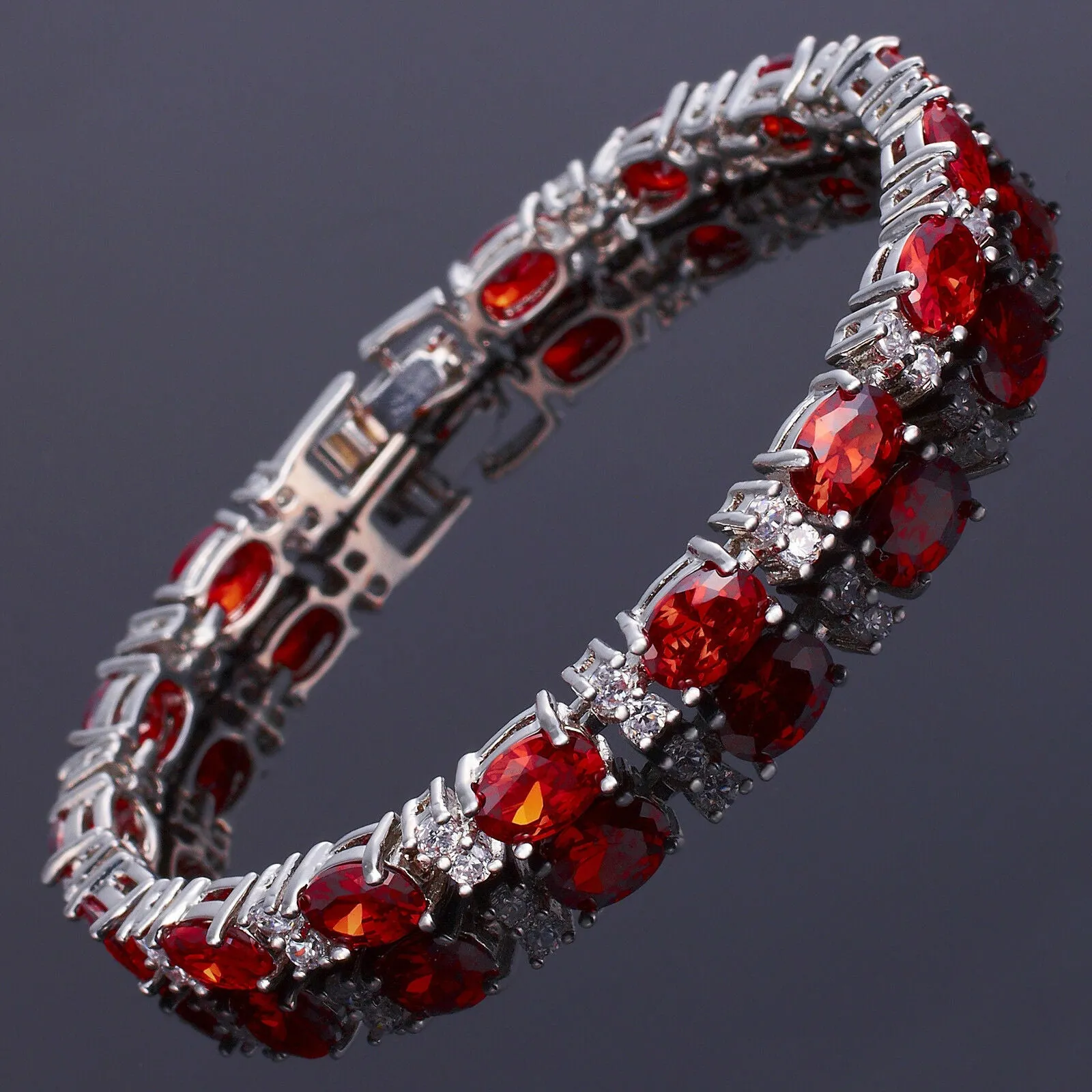 18K White Gold Plated Oval Created Red Garnet Tennis Bracelet