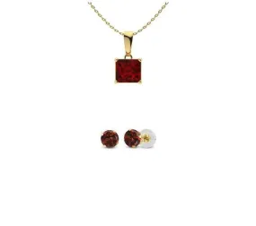 18K Yellow Gold 4ct Garnet Princess Cut 18 Inch Necklace and Round Earrings Set Plated