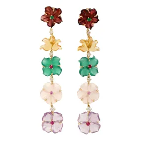 18k Yellow Gold Flower Carving Gemstone Dangle Earrings Handmade Jewelry Gift