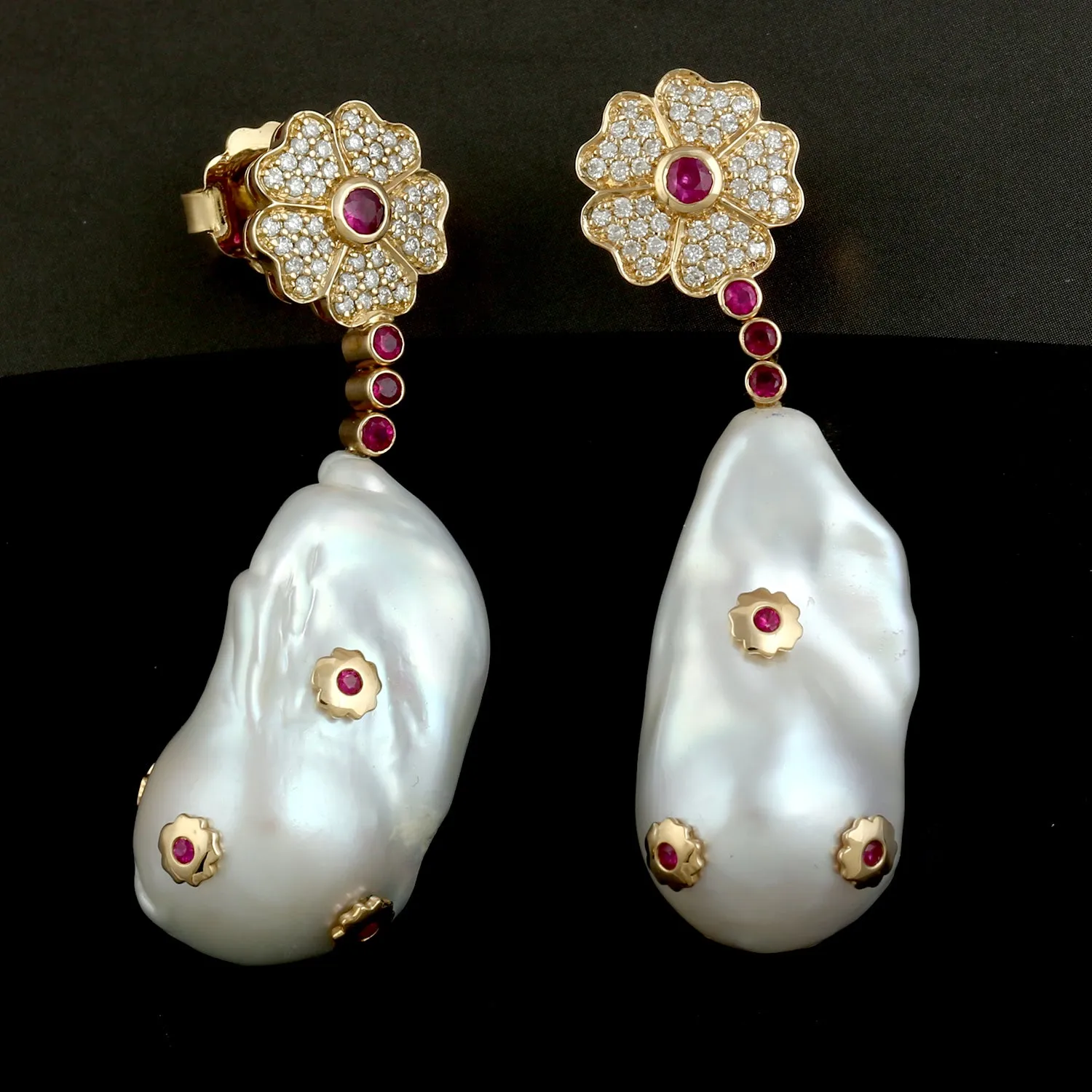 18k Yellow Gold Ruby Gemstone Diamond Pearl Flower Dangle Earrings Handmade Jewelry