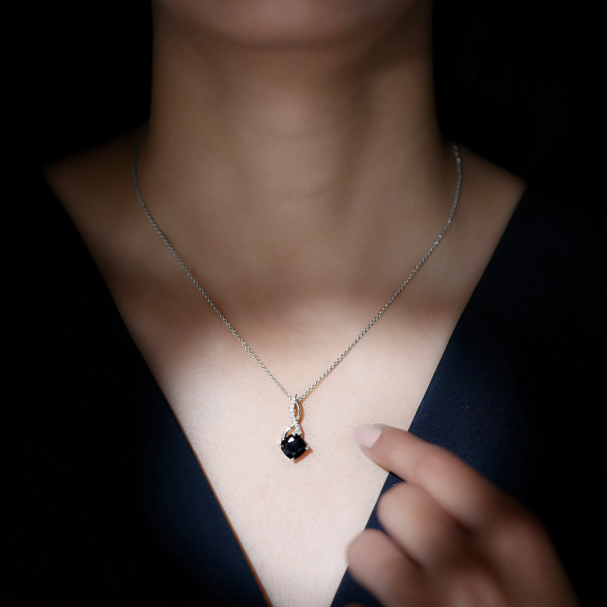 2.25 CT Cushion Cut Black Spinel and Diamond Infinity Pendant Necklace