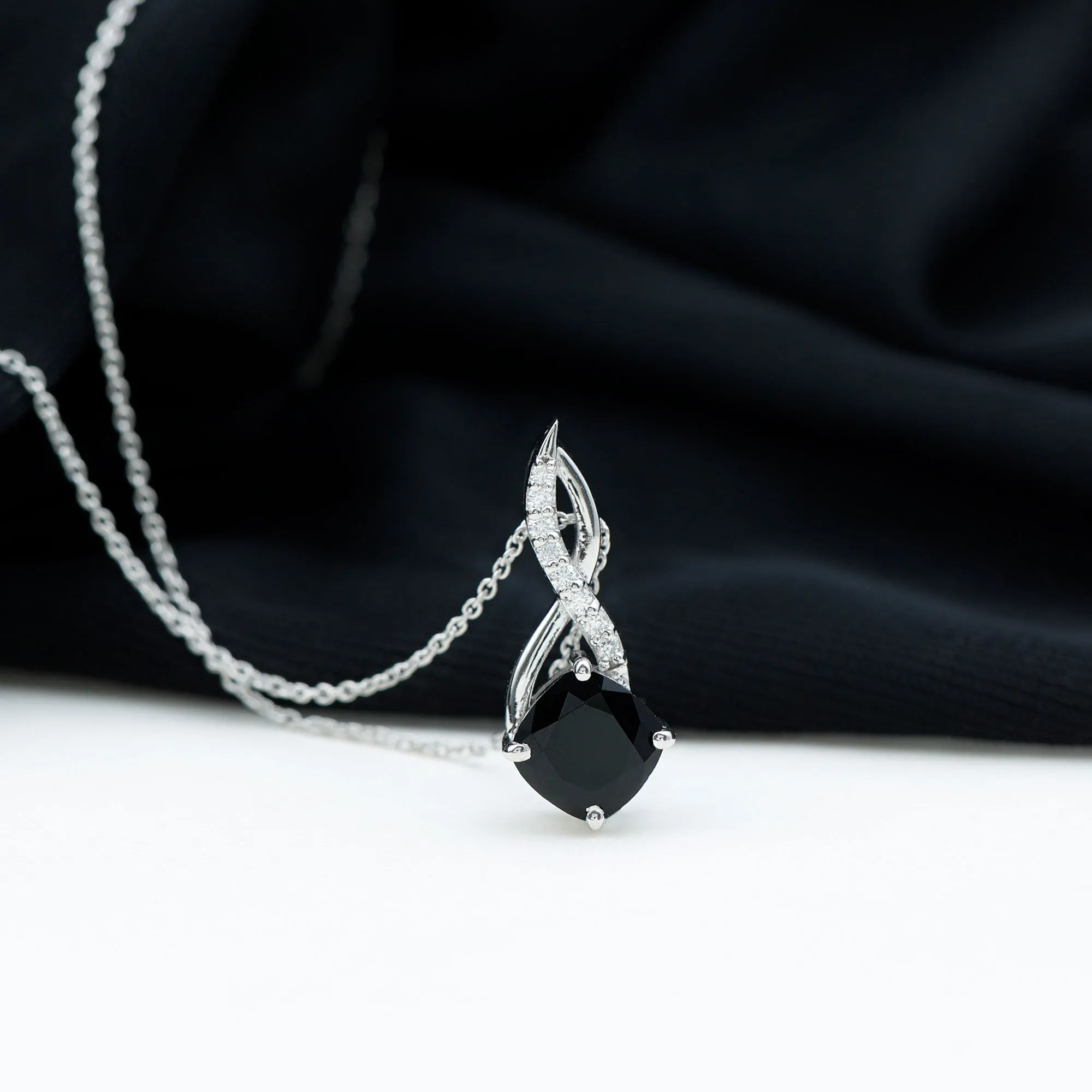 2.25 CT Cushion Cut Black Spinel and Diamond Infinity Pendant Necklace