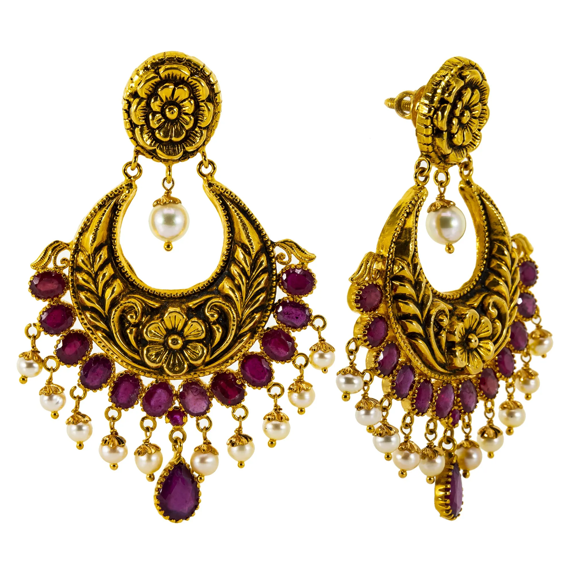 22K Antique Gold Long Lakshmi Necklace & Chandbali Earrings w/ Ruby & Pearls (156 grams)