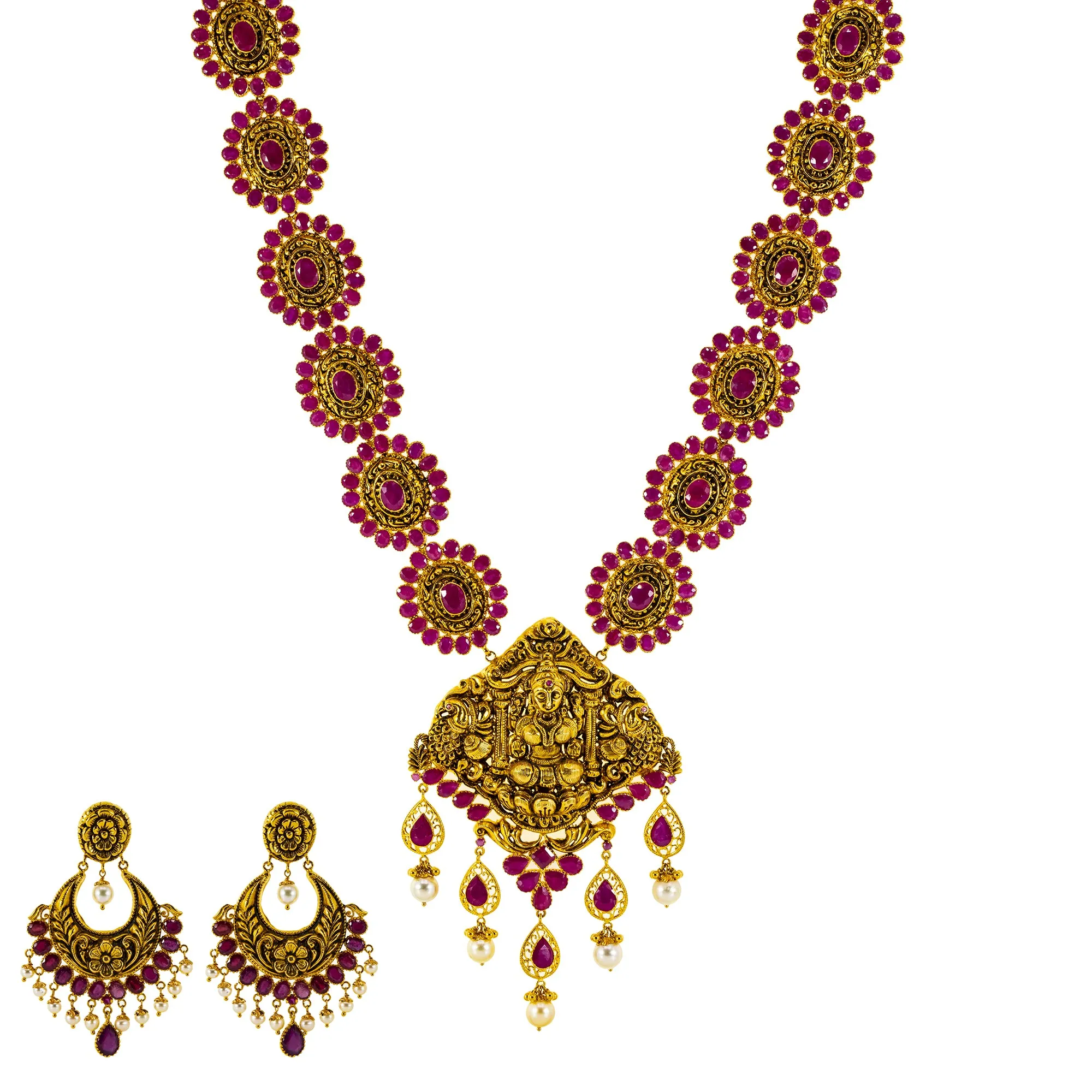 22K Antique Gold Long Lakshmi Necklace & Chandbali Earrings w/ Ruby & Pearls (156 grams)