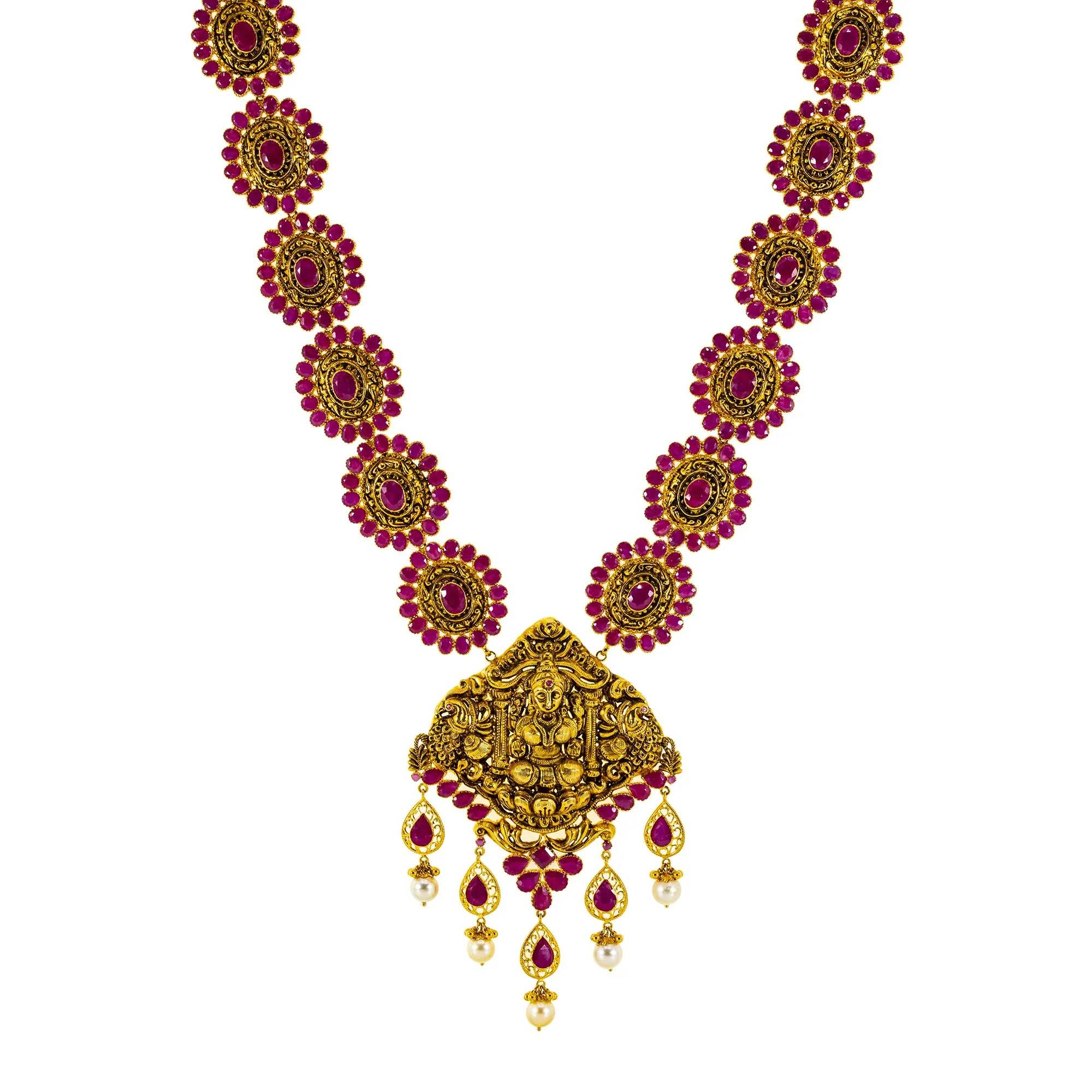 22K Antique Gold Long Lakshmi Necklace & Chandbali Earrings w/ Ruby & Pearls (156 grams)