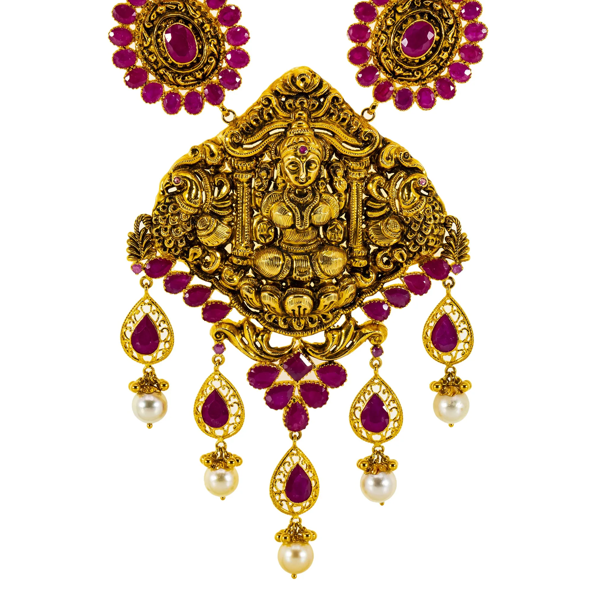 22K Antique Gold Long Lakshmi Necklace & Chandbali Earrings w/ Ruby & Pearls (156 grams)