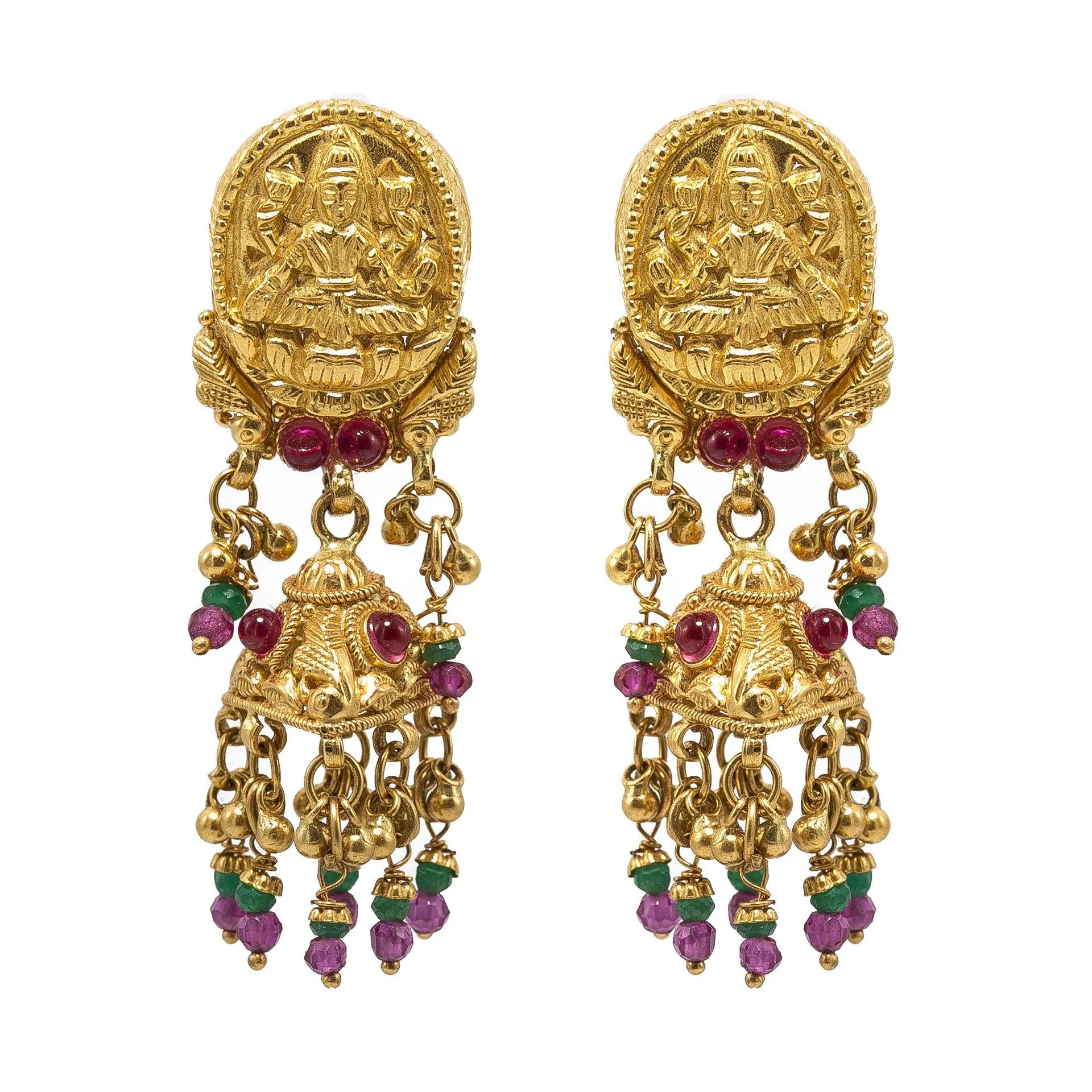 22K Yellow Gold JhumkiDrop Earrings W/ Rubies, Emeralds, Laxmi Pendant & Beaded tassels