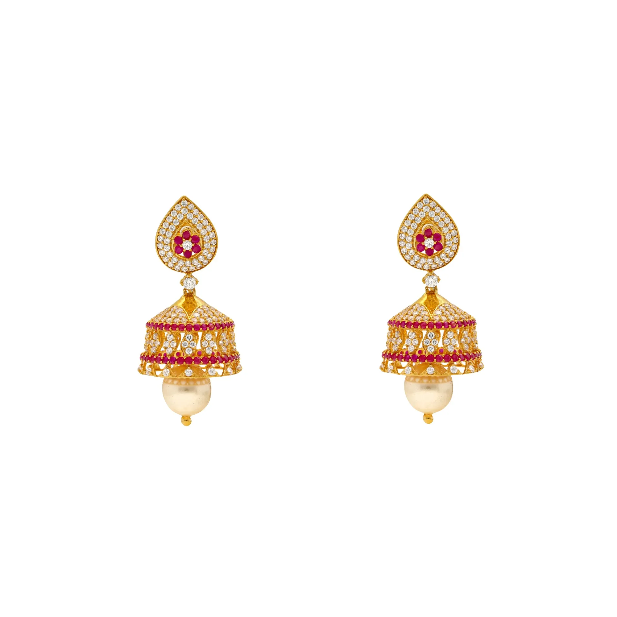 22K Yellow Gold, Ruby, Pearl & CZ Jhumka Earrings (21.9gm)