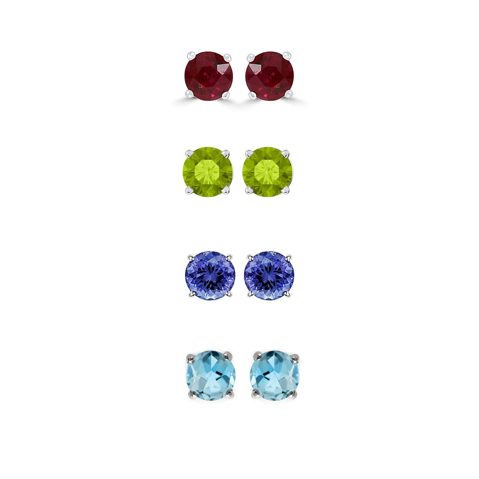 24k White Gold Plated 1/2Ct Created Ruby, Peridot, Tanzanite and Blue Topaz 4 Pair Round Stud Earrings