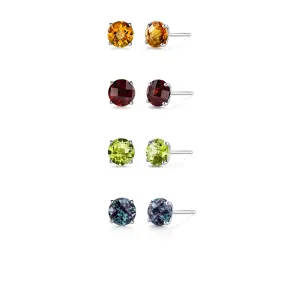 24k White Gold Plated 4Ct Created Citrine, Garnet, Peridot and Alexandrite 4 Pair Round Stud Earrings