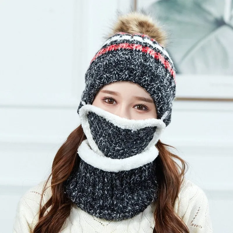 3 Pcs/set With Mask Faux Fur Pompoms Outdoor Knitted Woolen Warm Winter Cap