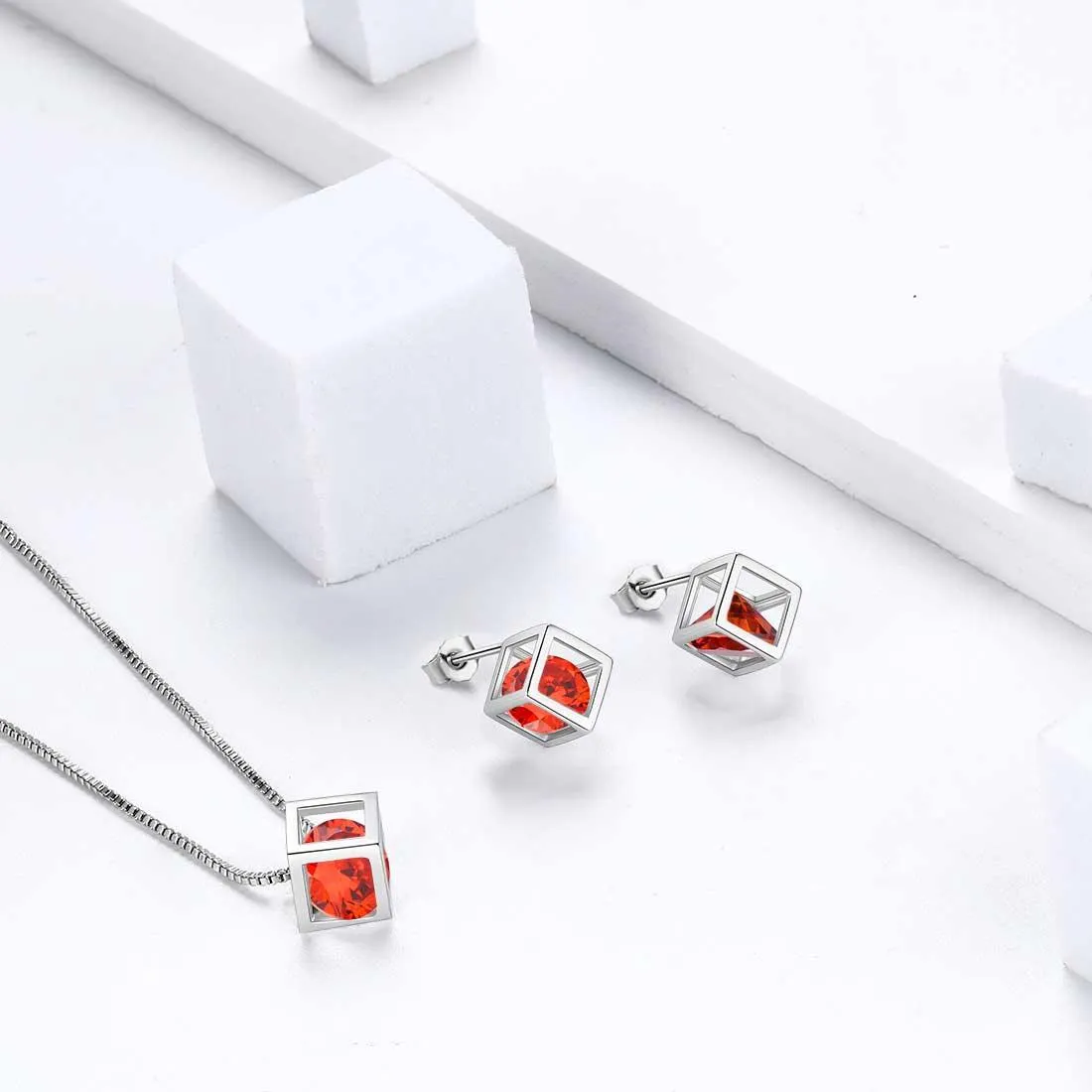 3D Cube Birthstone January Garnet Necklace Pendant Women Girls Jewelry Birthday Gift Sterling Silver