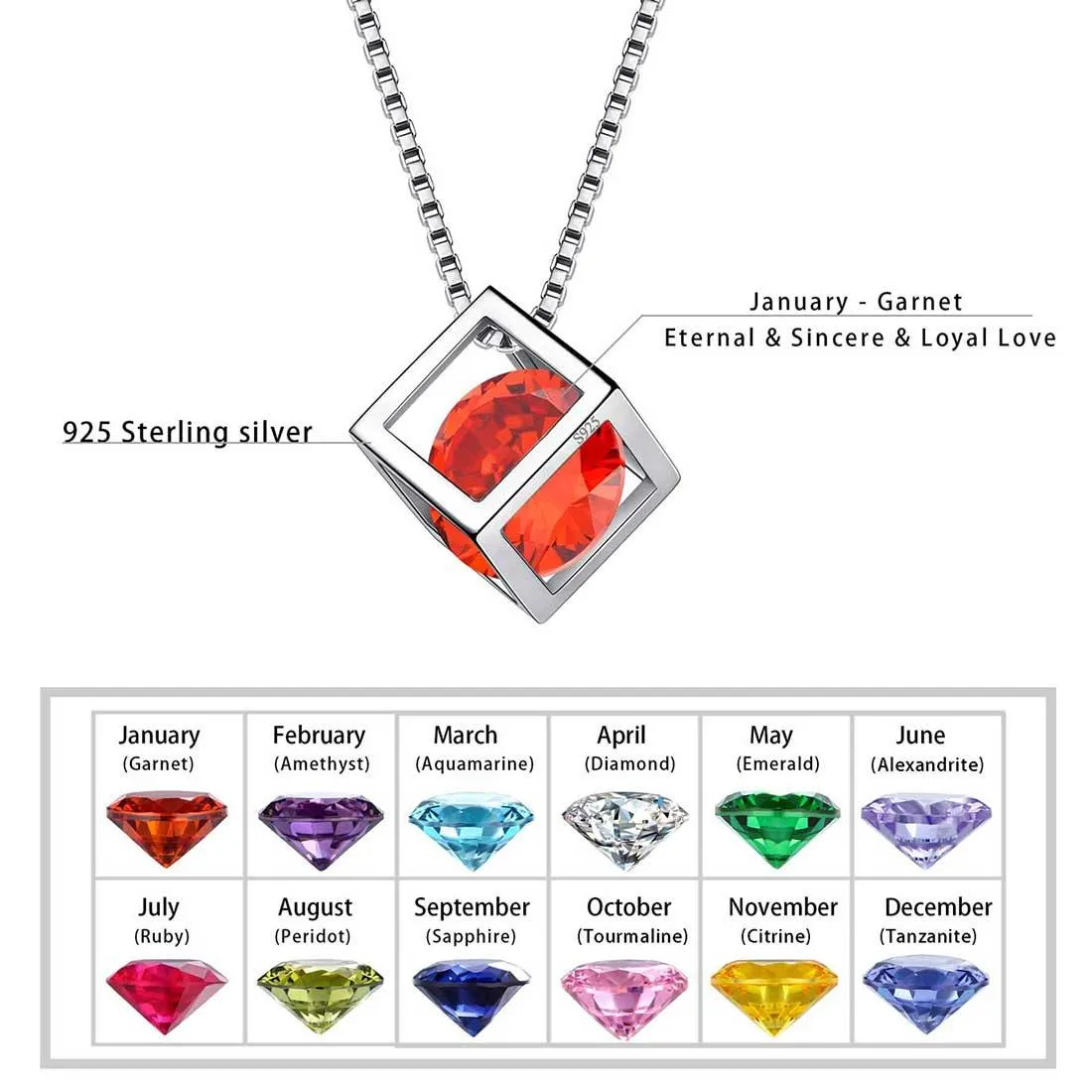 3D Cube Birthstone January Garnet Necklace Pendant Women Girls Jewelry Birthday Gift Sterling Silver