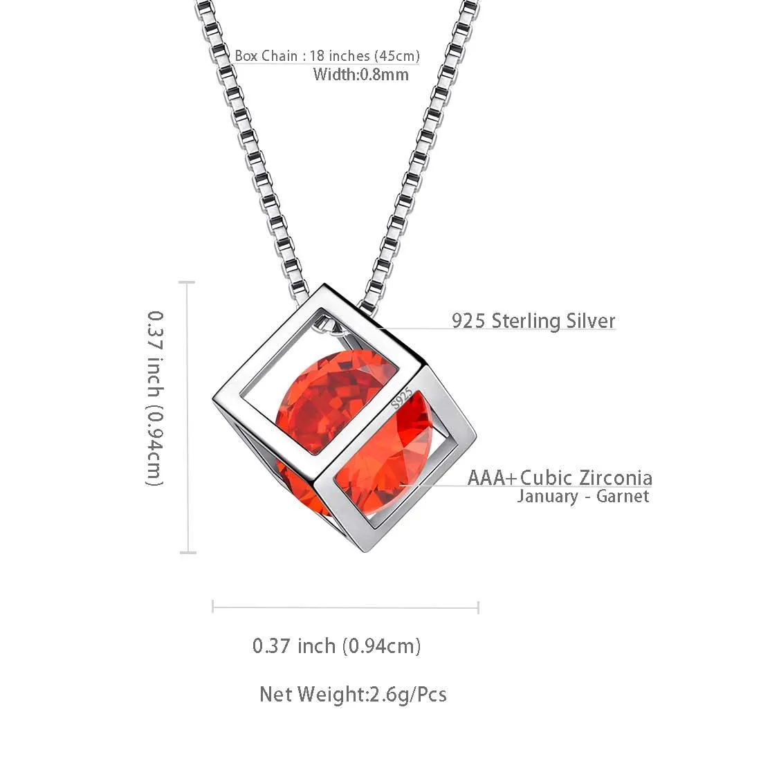 3D Cube Birthstone January Garnet Necklace Pendant Women Girls Jewelry Birthday Gift Sterling Silver