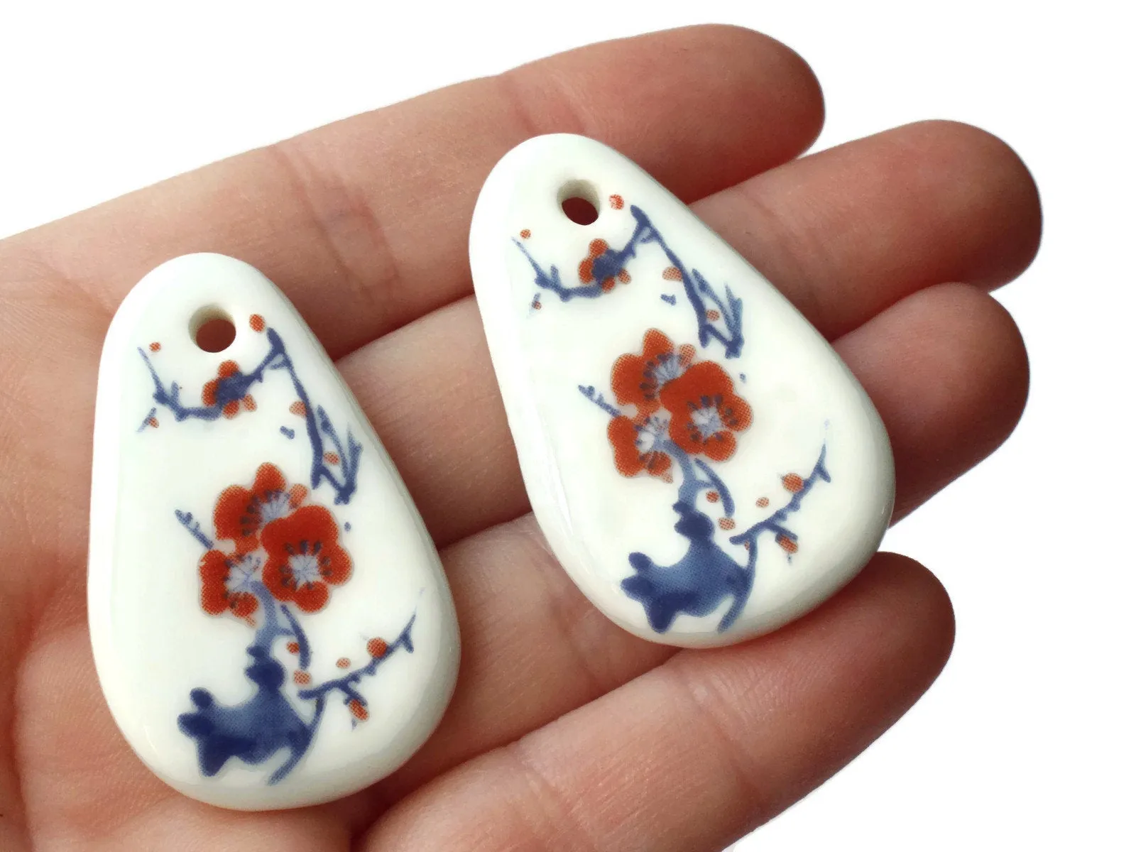 41mm White Flowered Porcelain Pendant White China Teardrop Pendant