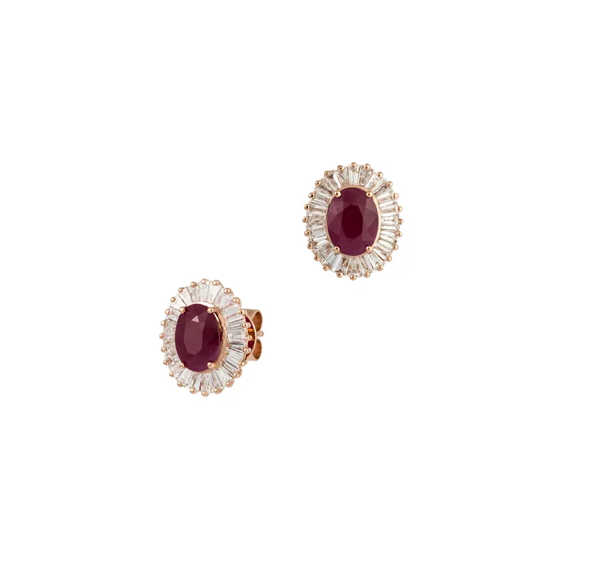 4.30ct Diamond Ruby 18K Gold Baguette Halo Earrings