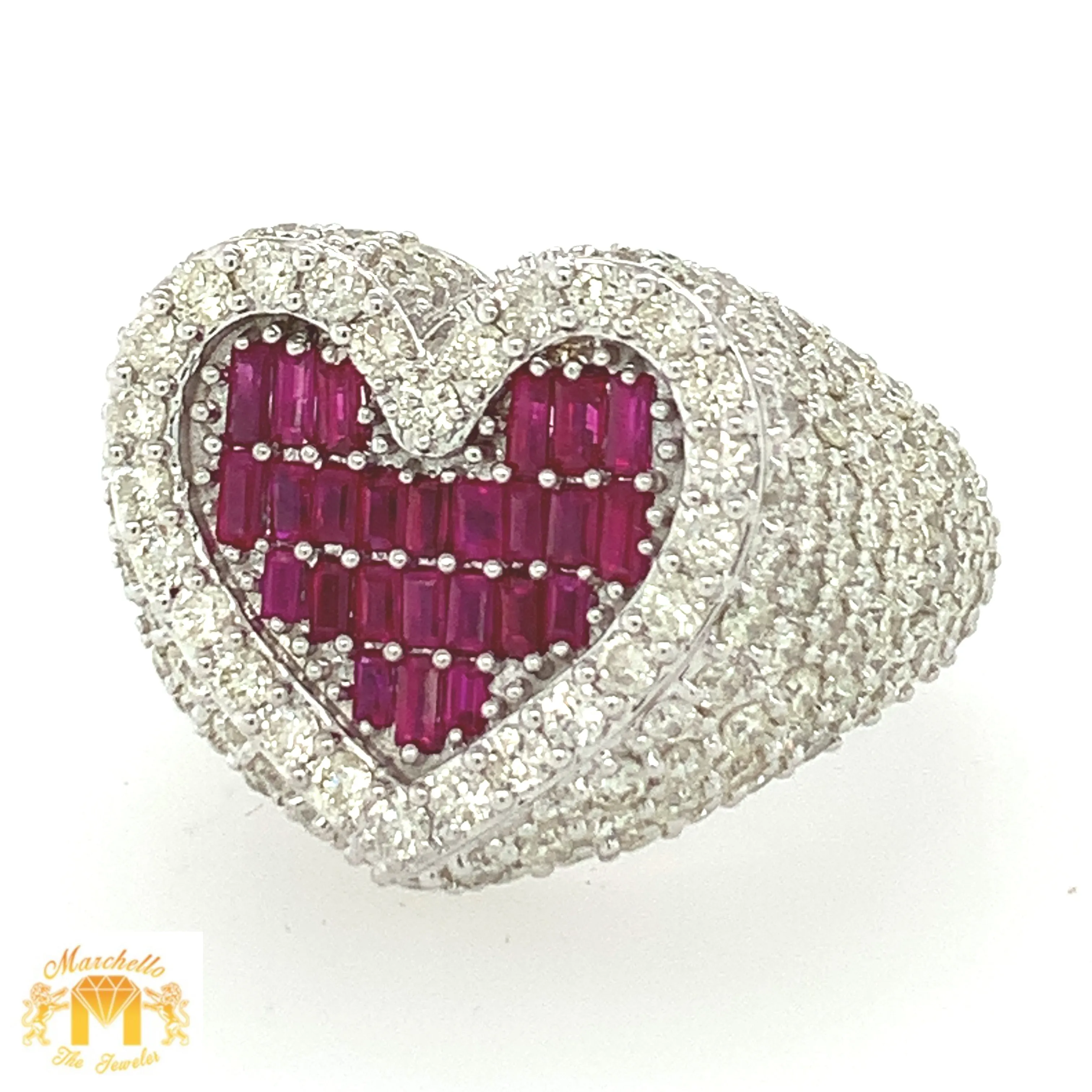 6.2ct Diamond and Ruby 14k White Gold 3D Heart Ring