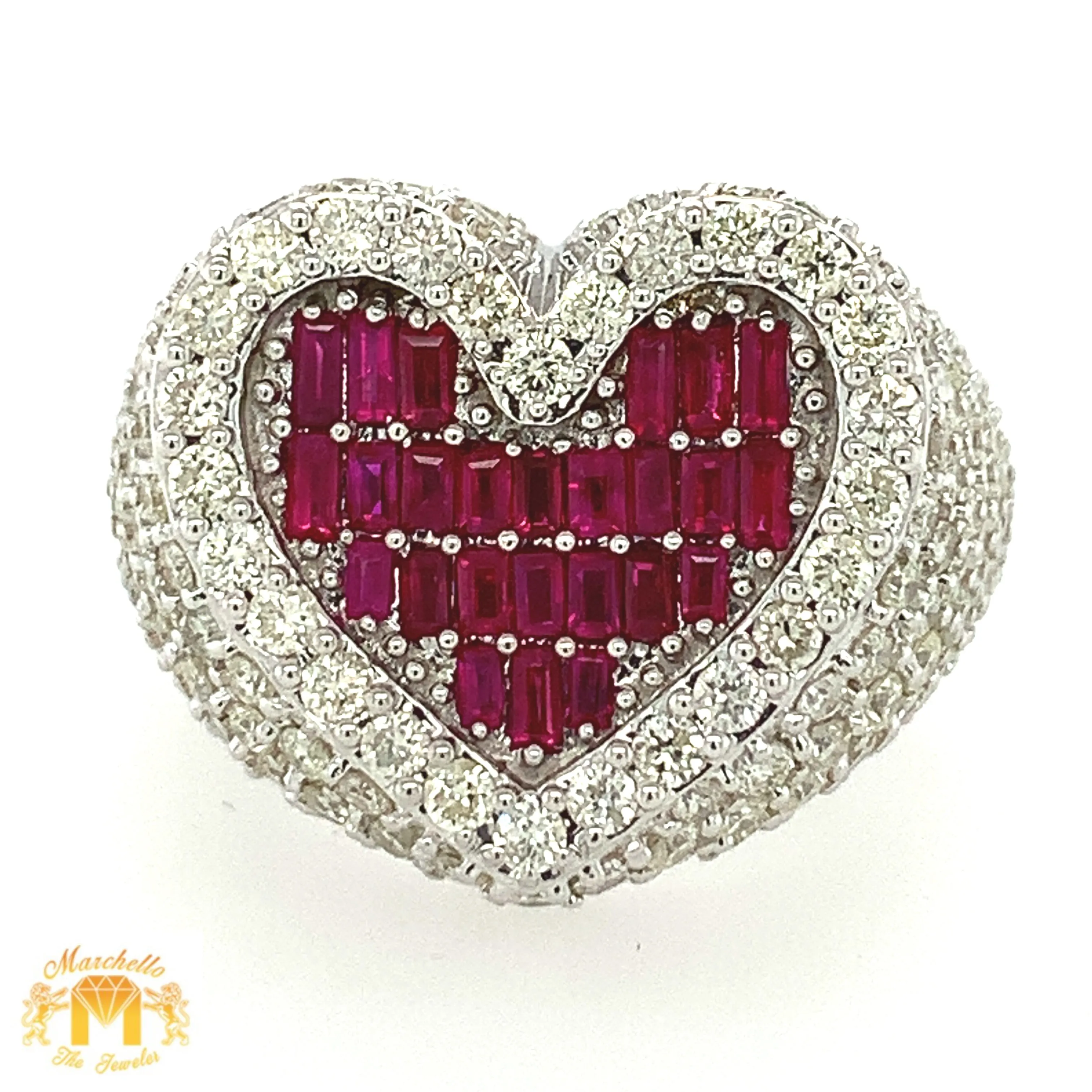 6.2ct Diamond and Ruby 14k White Gold 3D Heart Ring