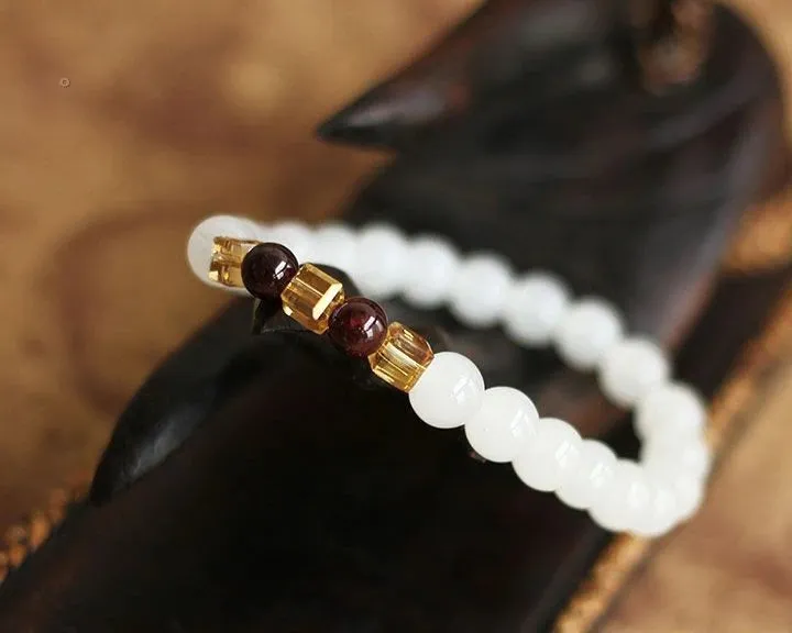 6mm Natural White Jade Garnet Crystal Bead Bracelet