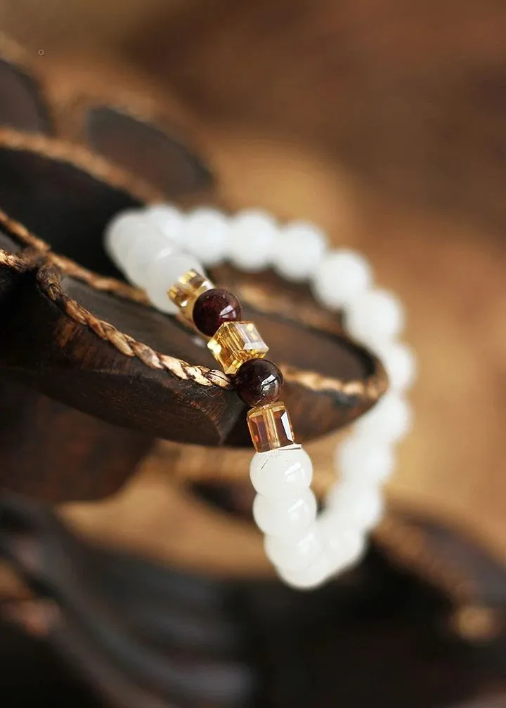 6mm Natural White Jade Garnet Crystal Bead Bracelet