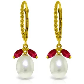 9 Carat 14K Solid Yellow Gold Leverback Earrings Ruby Pearl