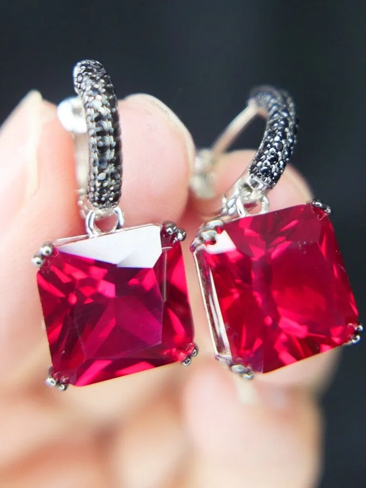 925 Sterling Silver 12mm Cushion Cut Lab emerald Ruby Diamond Hanging Earrings