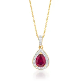 9ct Yellow Gold 7x5mm Created Ruby and Diamond Pear Halo Pendant on 45cm Chain