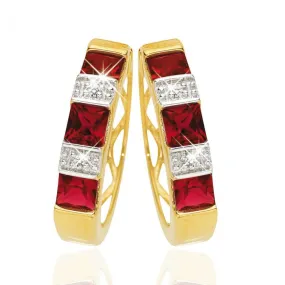 9ct Yellow Gold Created Ruby   Diamond Hoop Earrings