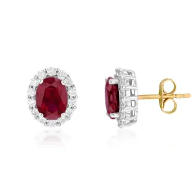 9ct Yellow Gold Created Ruby Oval   Cubic Zirconia Halo Stud Earrings