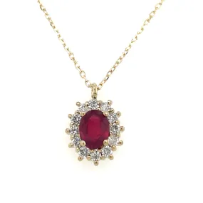 9ct Yellow Gold Earth Grown Oval Ruby & Diamond Cluster Pendant