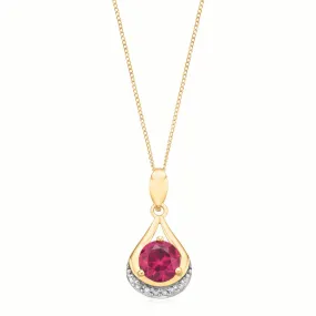 9ct Yellow Gold Round Brilliant Cut 6 MM Created Ruby & Diamond Set Pendant