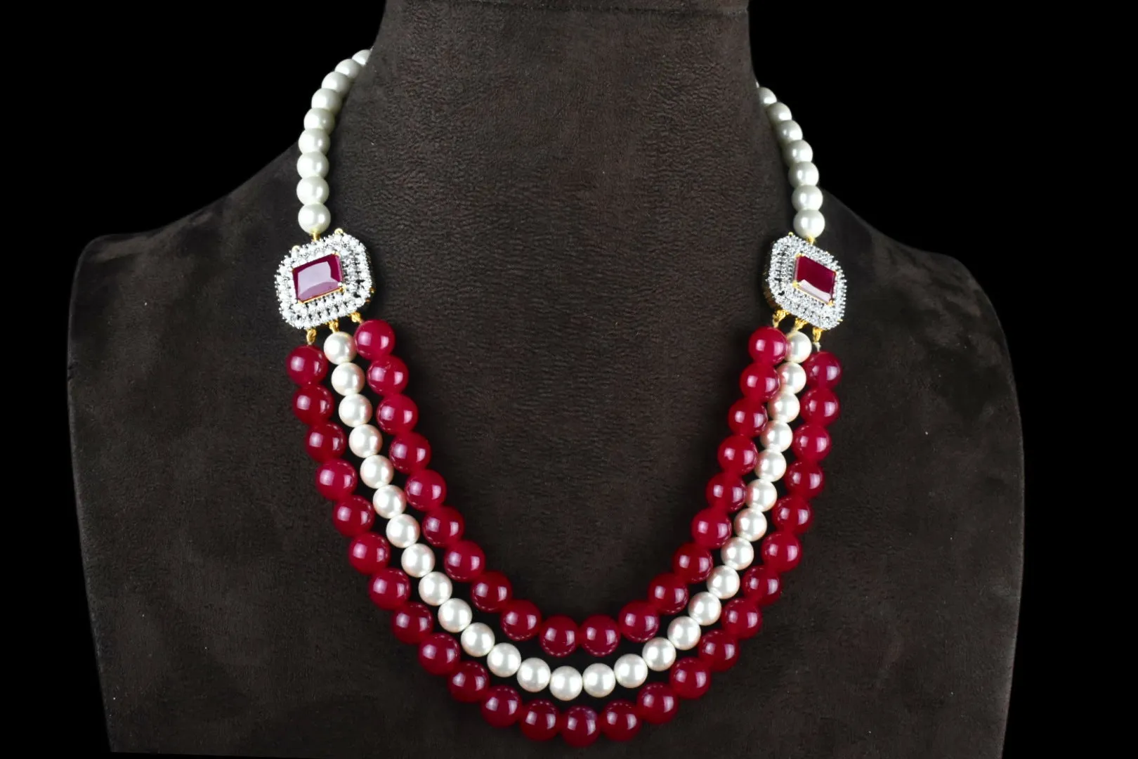 Adorable Ruby & Pearls Necklace With American Diamonds Side pendant By Asp Fashion Jewellery