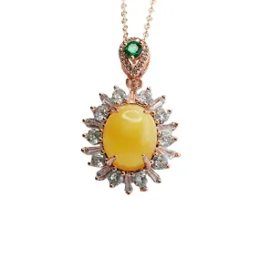 Amber Necklace with Zircon Gemstone Halo and Beeswax Pendant