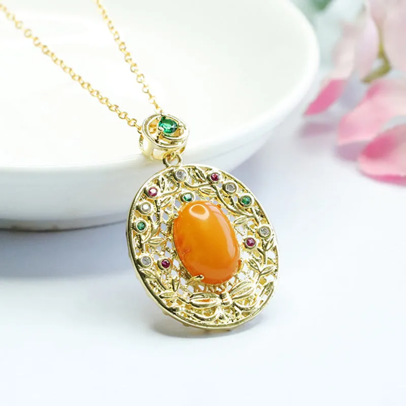 Amber Pendant Necklace with Zircon Garland and Sterling Silver Honey Wax Accents