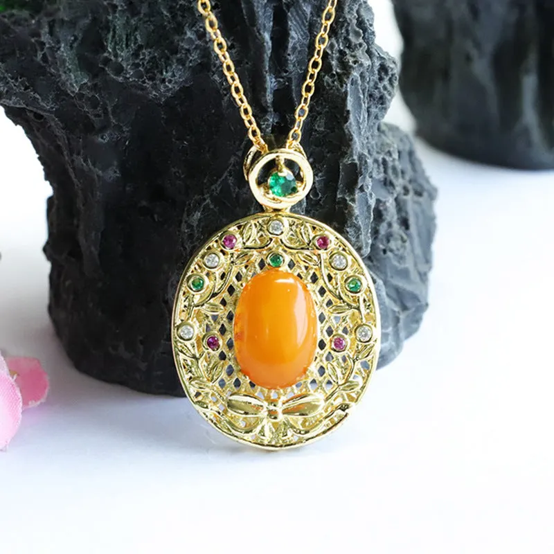 Amber Pendant Necklace with Zircon Garland and Sterling Silver Honey Wax Accents