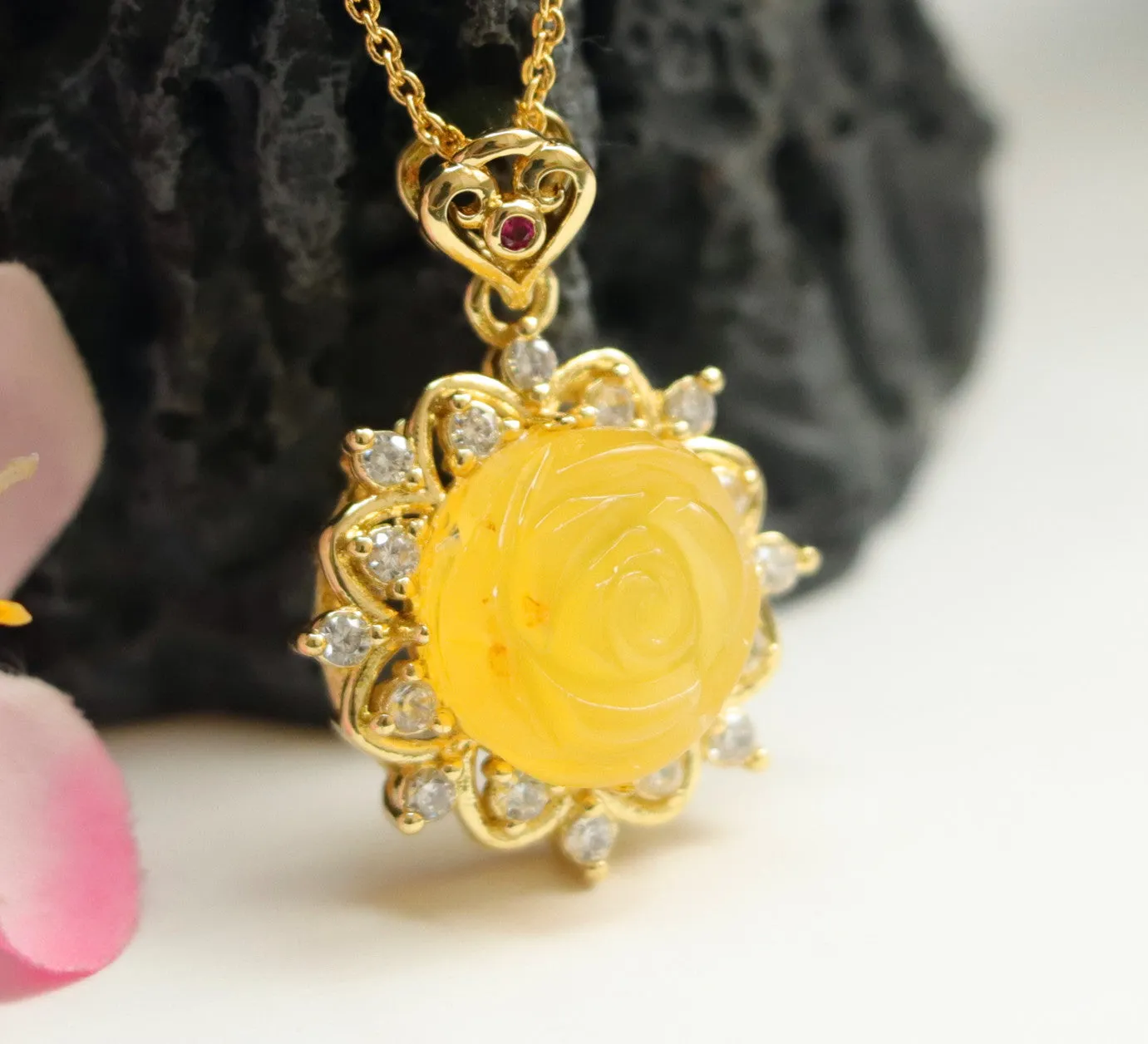 Amber Rose Necklace with Amber Beeswax Pendant and Zircon Flower Jewelry