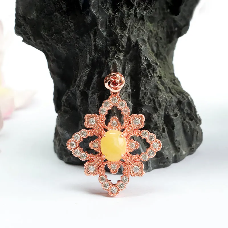 Amber Zircon Sterling Silver Flower Pendant Necklace