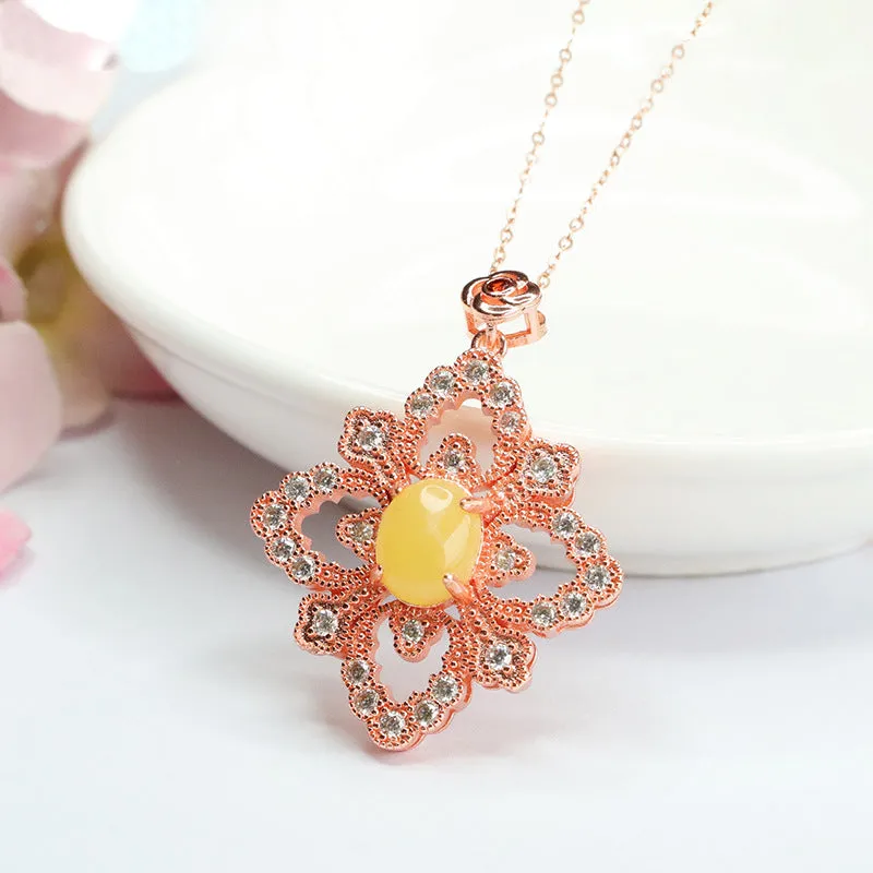 Amber Zircon Sterling Silver Flower Pendant Necklace