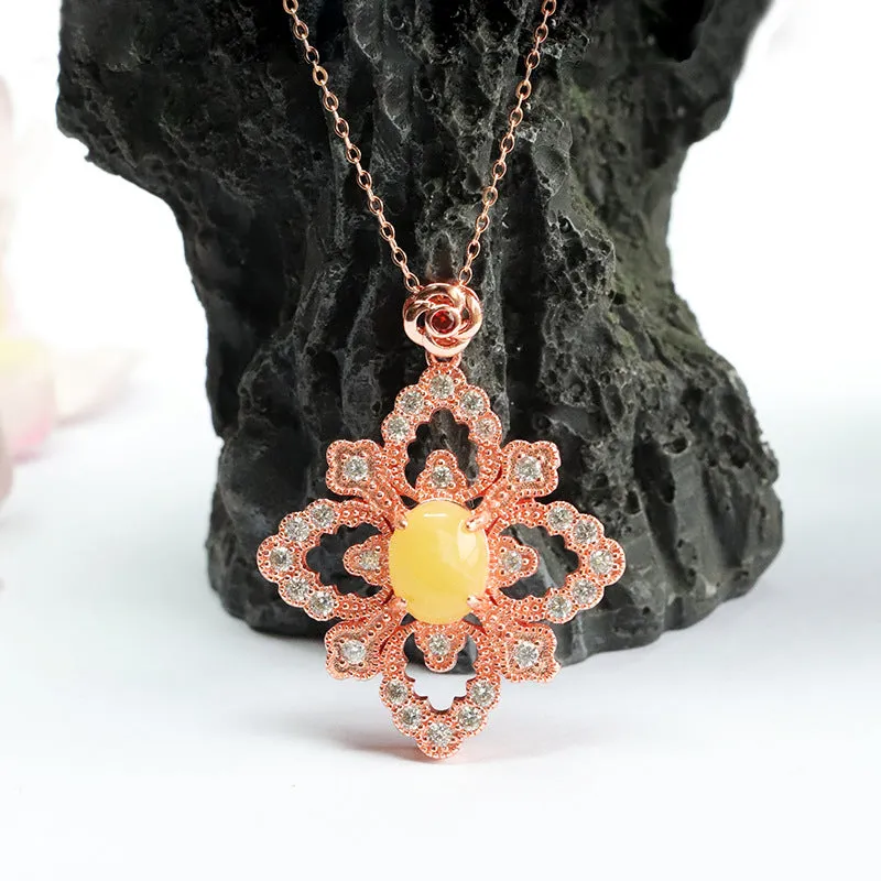 Amber Zircon Sterling Silver Flower Pendant Necklace