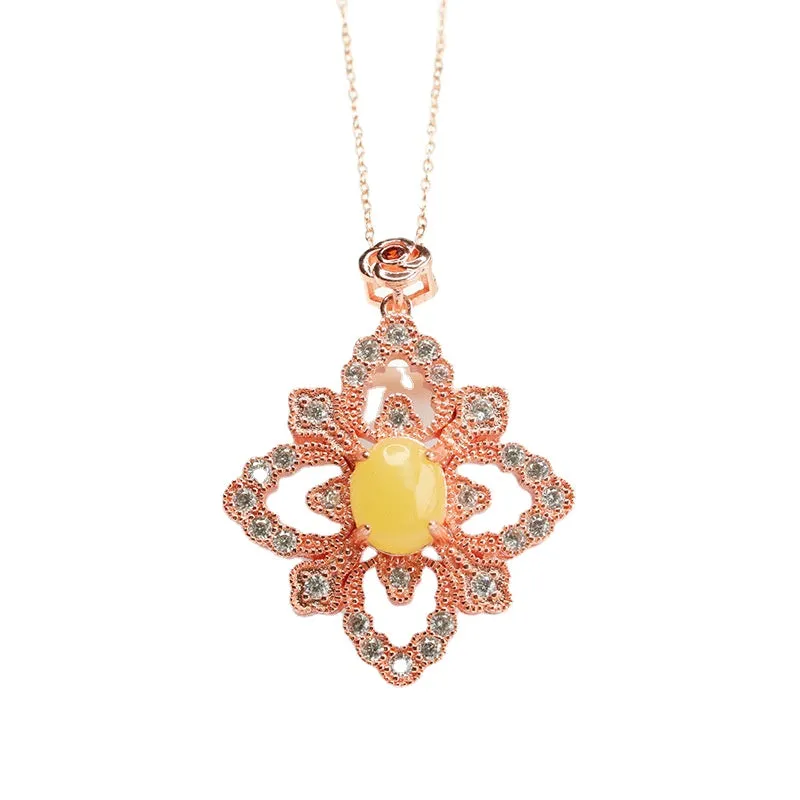 Amber Zircon Sterling Silver Flower Pendant Necklace