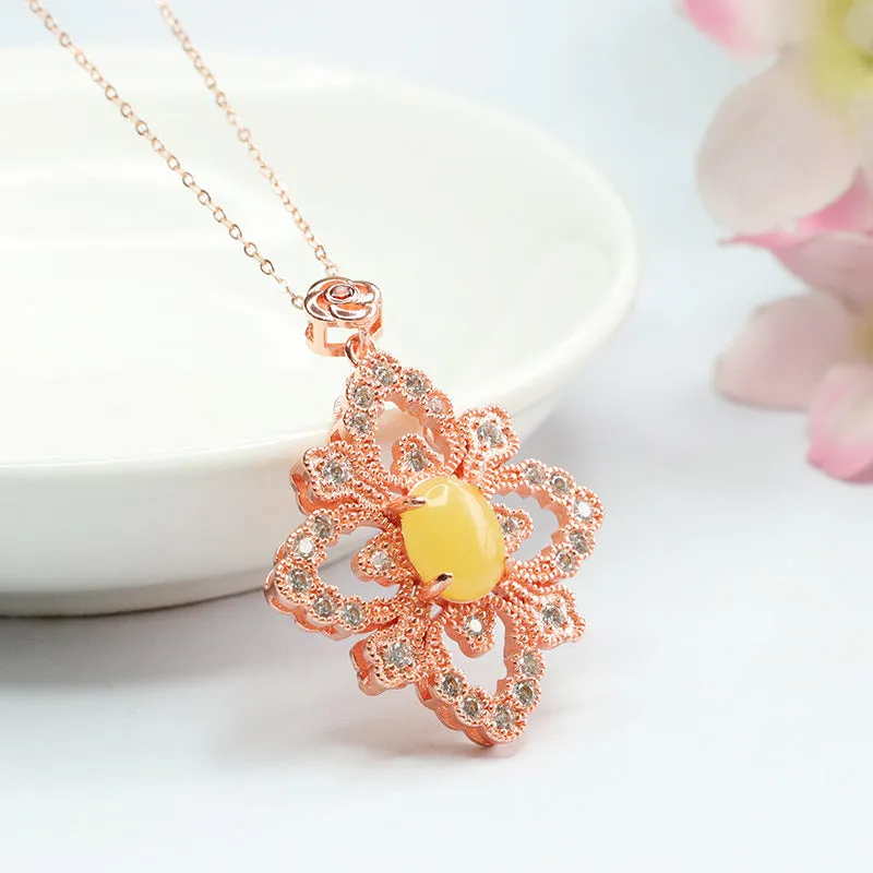 Amber Zircon Sterling Silver Flower Pendant Necklace