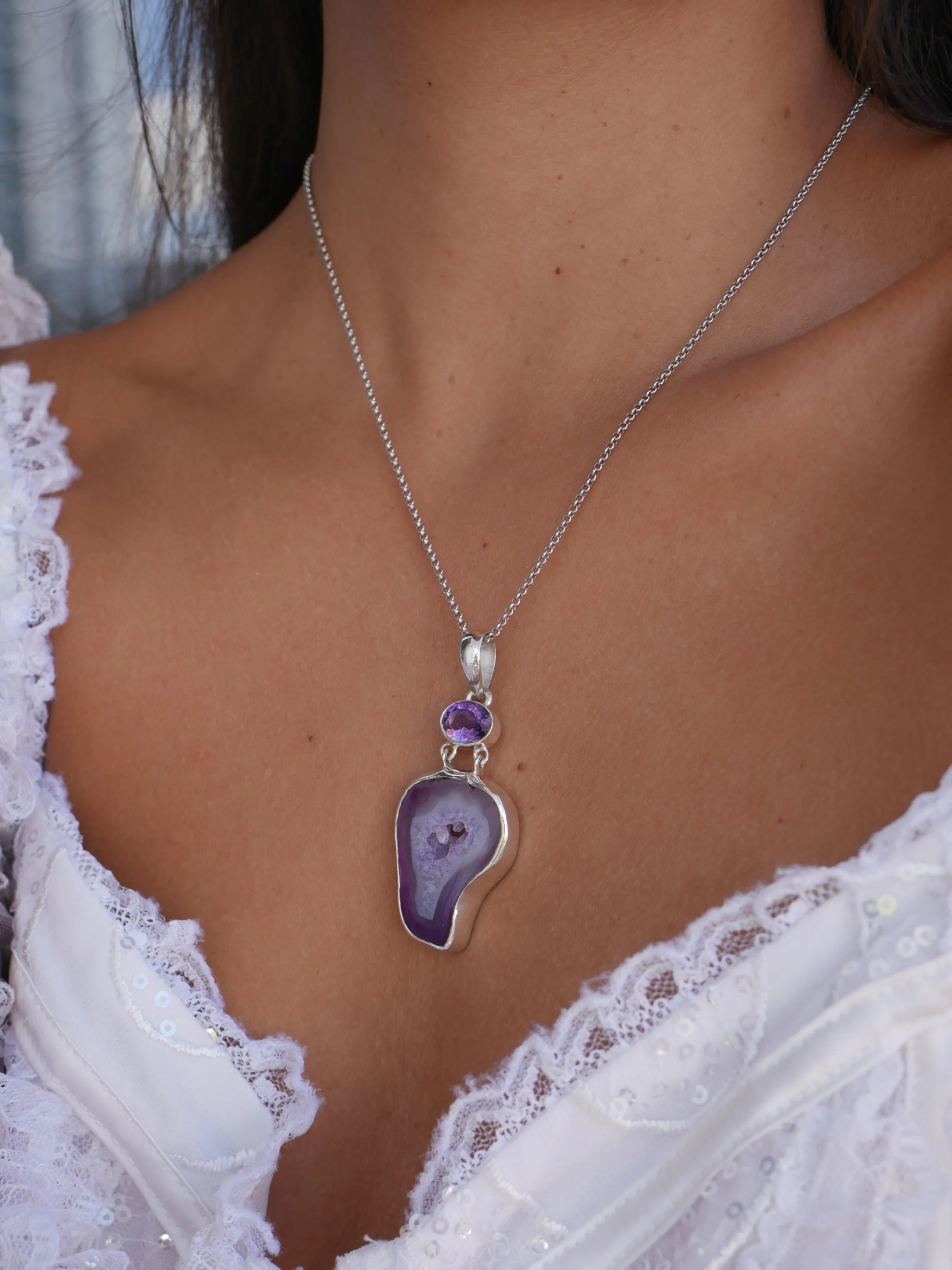 Amethyst Agate Necklace, .925 Sterling Silver Handmade Natural Amethyst and Amethyst Pendant Gemstone Pendant