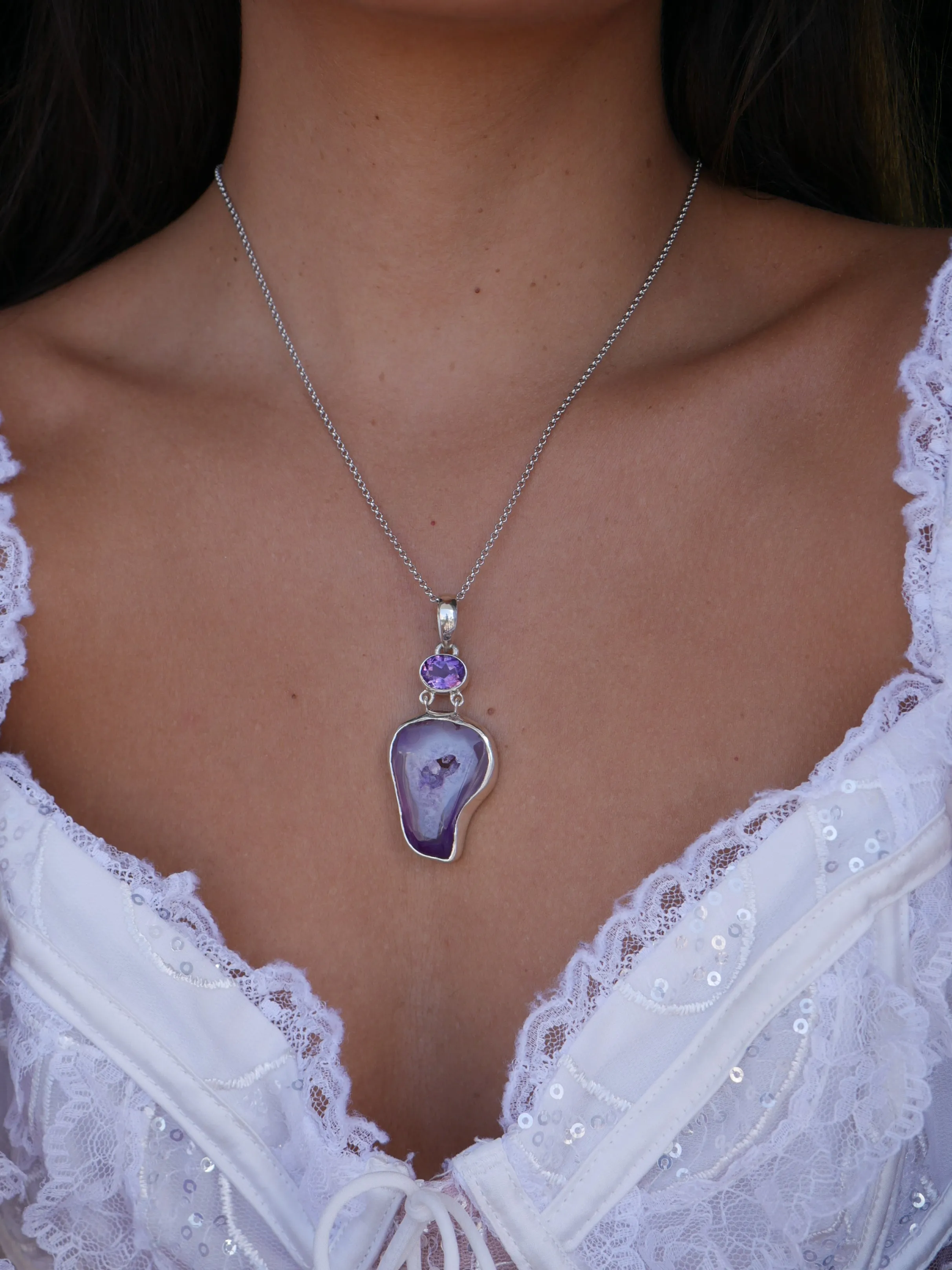 Amethyst Agate Necklace, .925 Sterling Silver Handmade Natural Amethyst and Amethyst Pendant Gemstone Pendant