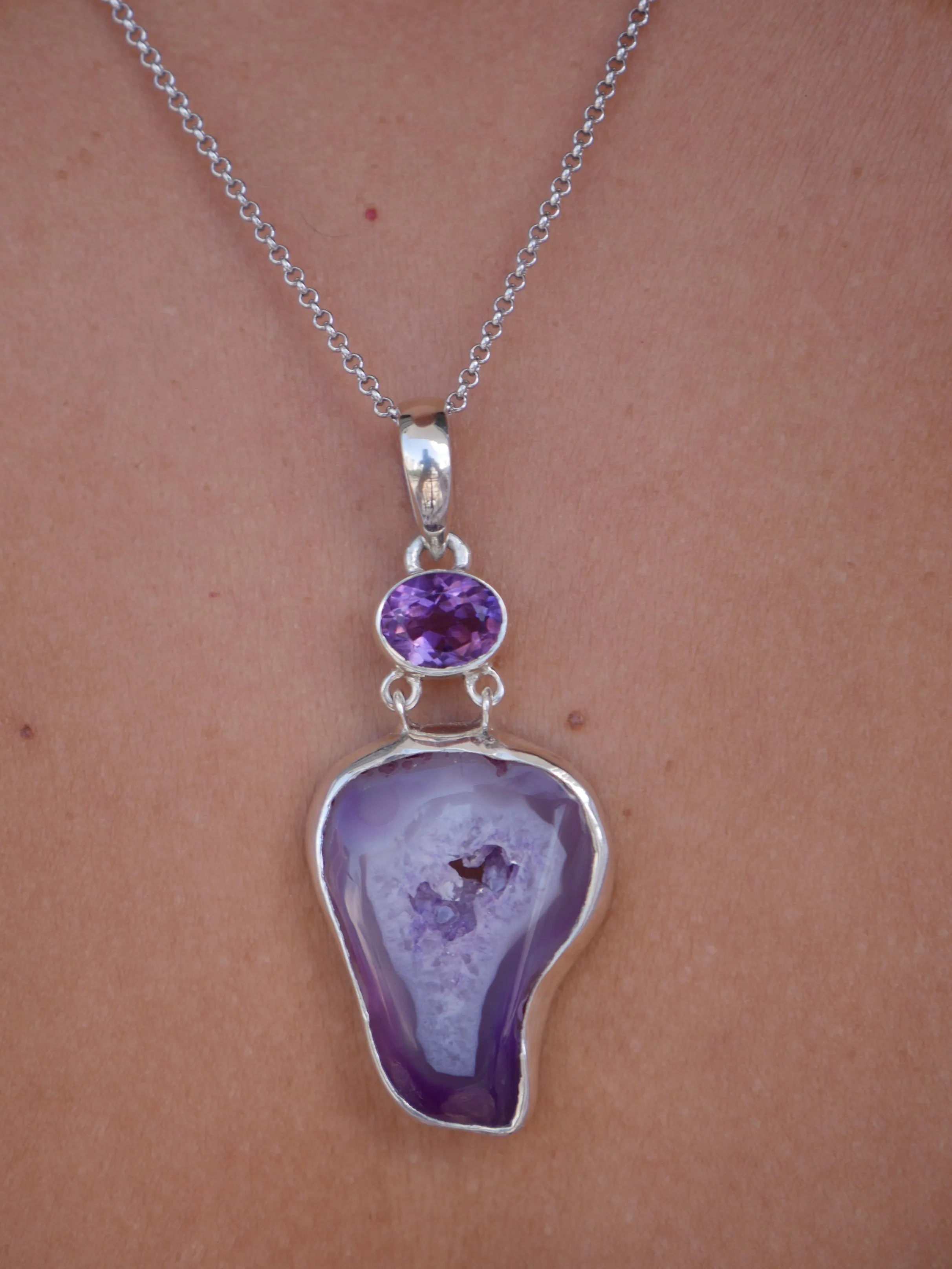 Amethyst Agate Necklace, .925 Sterling Silver Handmade Natural Amethyst and Amethyst Pendant Gemstone Pendant