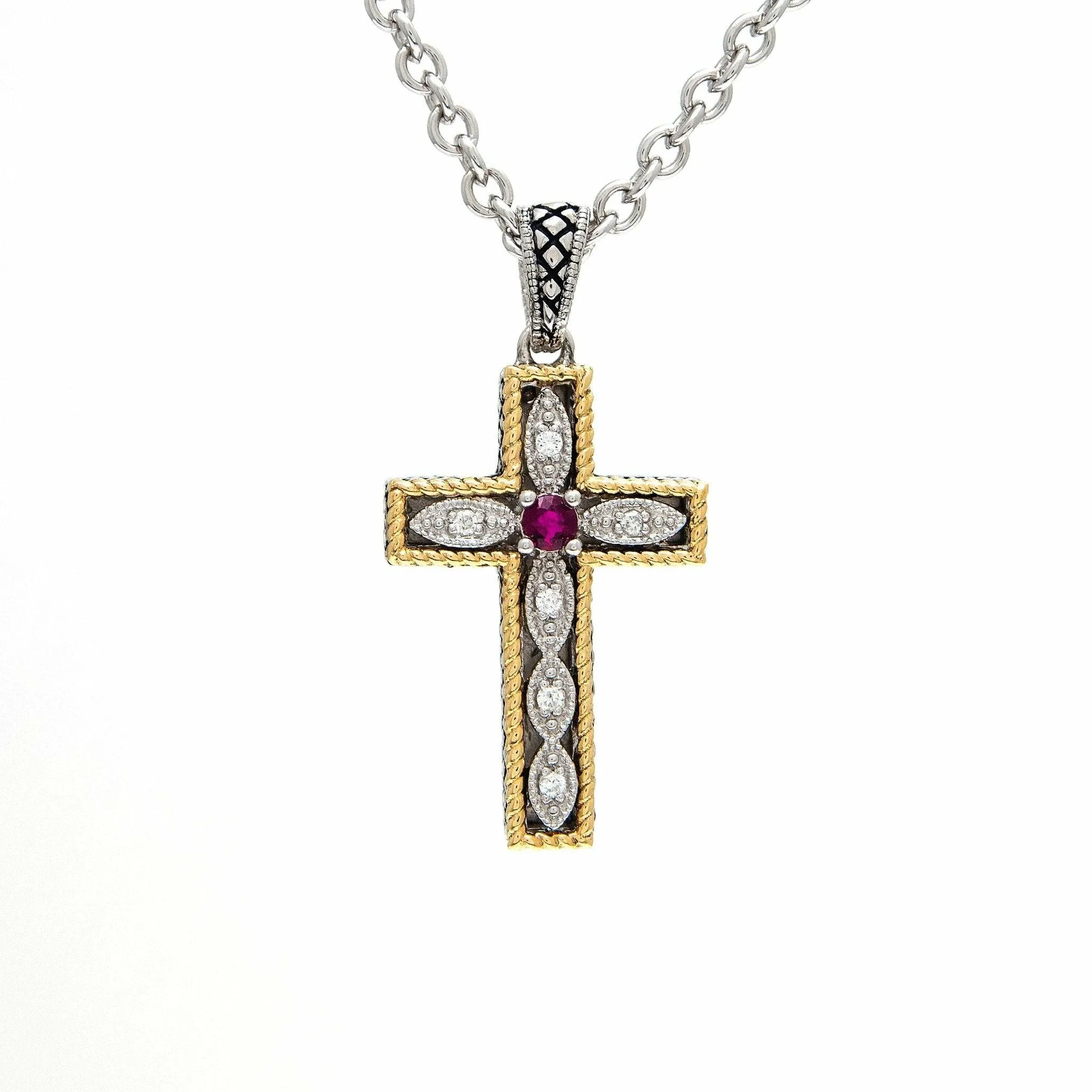 Andrea Candela 18K Silver Diamond/Ruby Cross Necklace