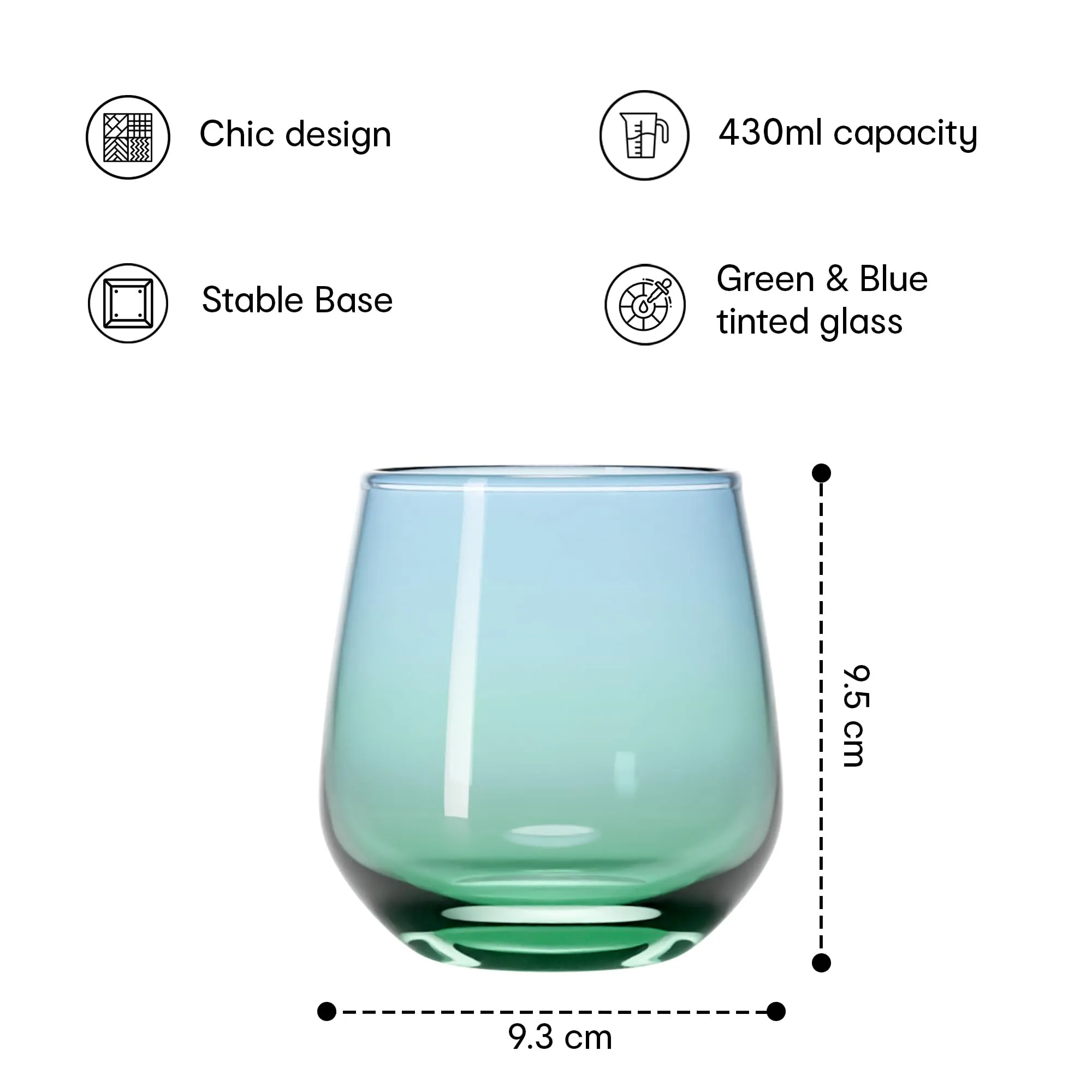 Anko Australia 430ml Dual Tone Glasses Set of 6 | Water, Juice, Cocktails Glasses| Dishwasher Safe Whiskey Glass Set | Bar Accessories for Home | Suitable for All Occassions | Blue Green