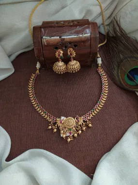 Antique Goddess Lakshmi Design Traditional Necklace Set With Kemp Stones