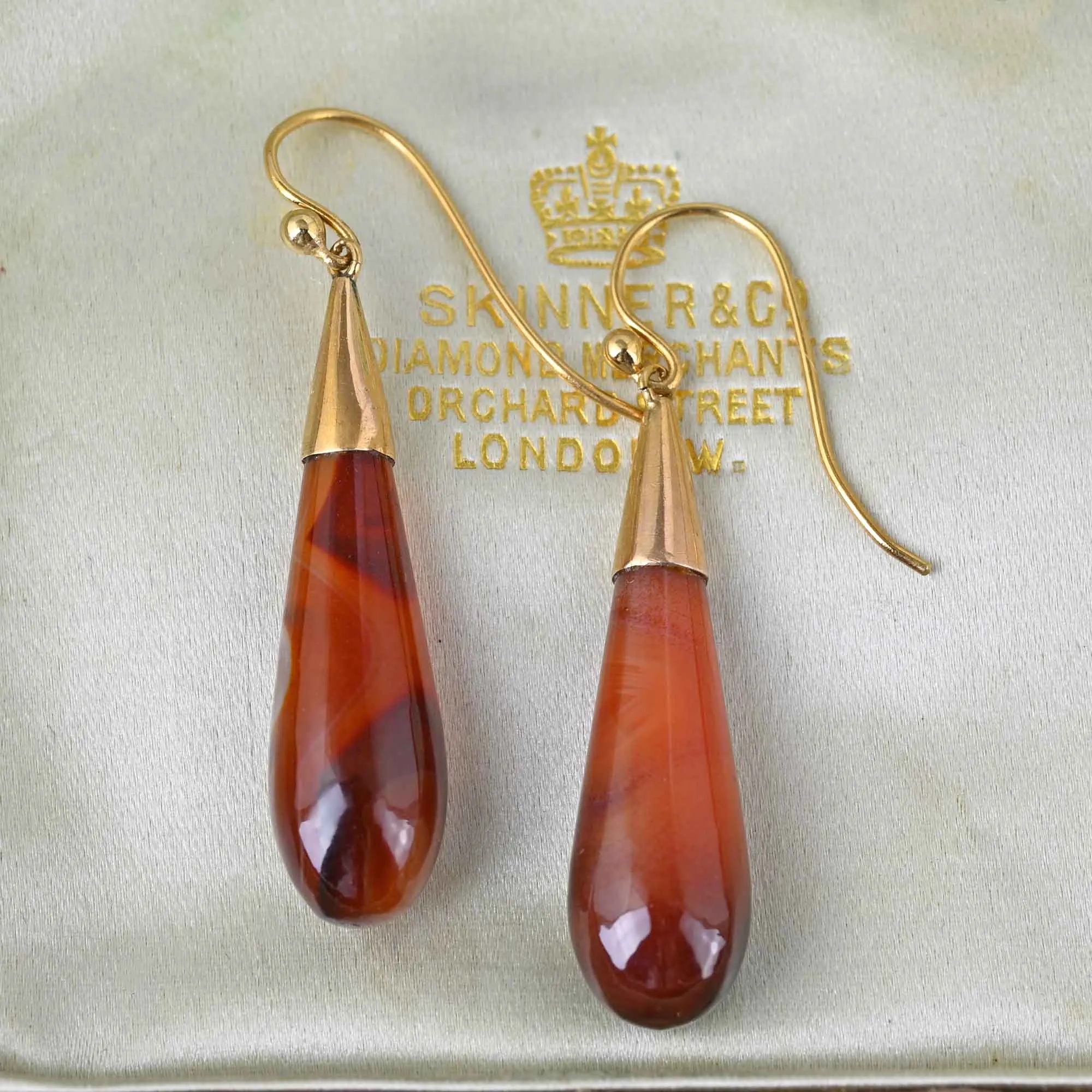 Antique Gold Banded Agate Torpedo Earrings