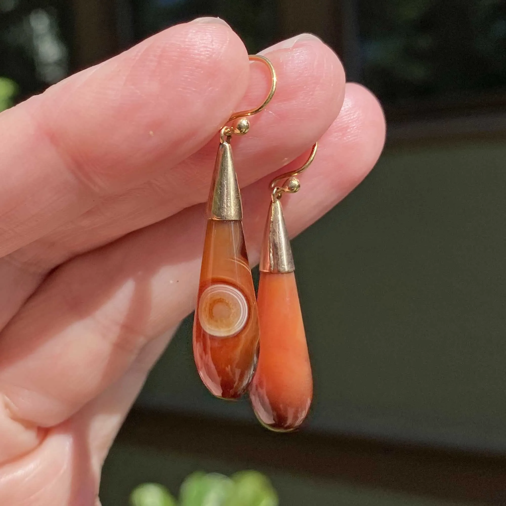 Antique Gold Banded Agate Torpedo Earrings