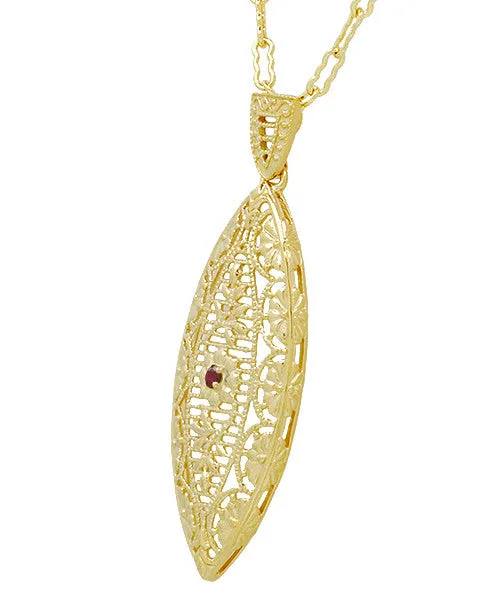 Art Deco Dangling Leaf Filigree Ruby Necklace in Yellow Gold Over Sterling Silver